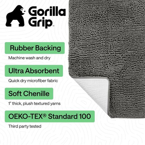 GORILLA GRIP Bath Rug Mat - Soft Absorbent Chenille | Quick Dry Microfiber, 60x24 Charcoal