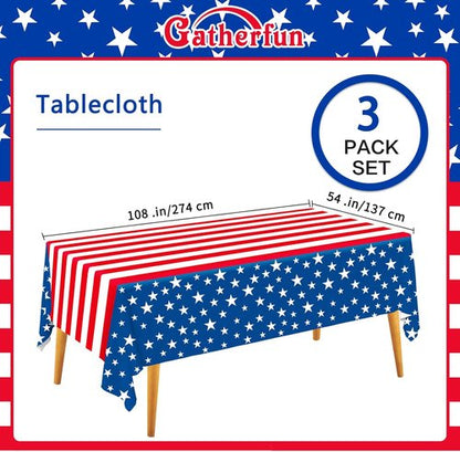 Gatherfun Disposable Plastic Tablecloth - Waterproof American Flag Design for Patriotic Events | 3PCS, 54 x 108 Inch