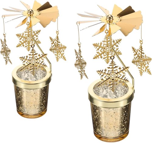 Holibanna Rotating Candlestick | Christmas Carousel Tea Light Holder - Gold, 2PCS Snowflake Design