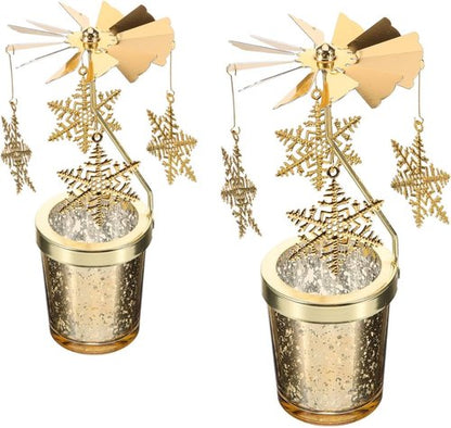 Holibanna Rotating Candlestick | Christmas Carousel Tea Light Holder - Gold, 2PCS Snowflake Design