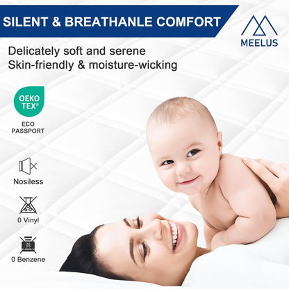 MEELUS Padded Mattress Protector - Breathable Waterproof Cover | Deep Pocket 8"-21" | Soft & Noiseless, White