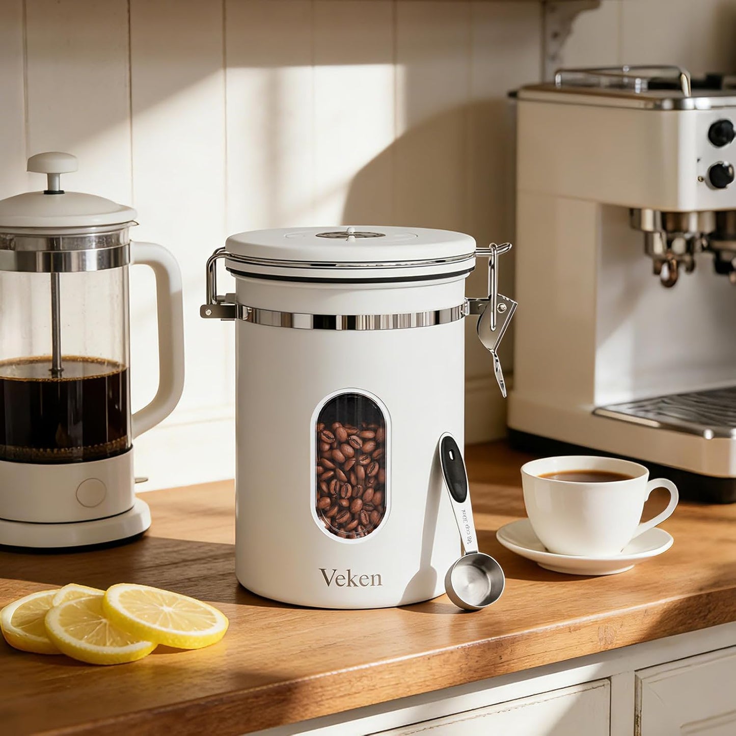 Veken Coffee Canister - Airtight Stainless Steel Container with Window | 22oz White for Grounds, Beans, Tea, and More