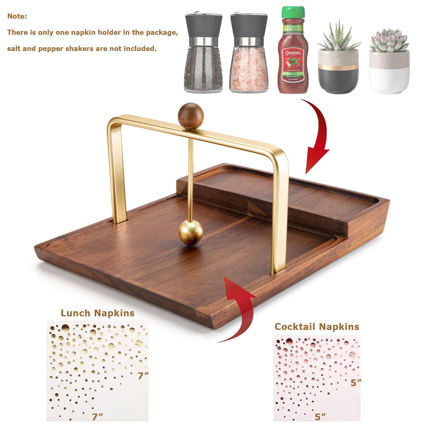 Wooden Napkin Holder with Salt and Pepper Shaker Holder, Two-in-one storage for napkins and seasoning bottles, Malfunction Salt Pepper Storage Holder and Napkin Caddy for Kitchen, Restaurant