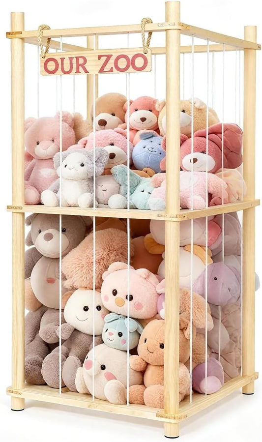 Stuffed Animal Storage | Tall Natural Pine Wood Plushie Zoo with Elastic Cords - Space-Saving Playhouse for Kids