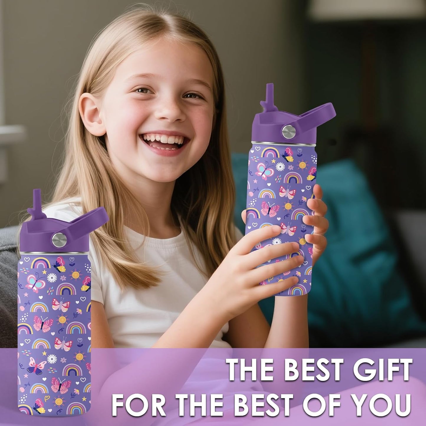 Skiennix 16oz Purple Kids Water Bottle - Stainless Steel Insulated Tumbler with Straw Lid | Leakproof & BPA-Free, Perfect for School & Travel