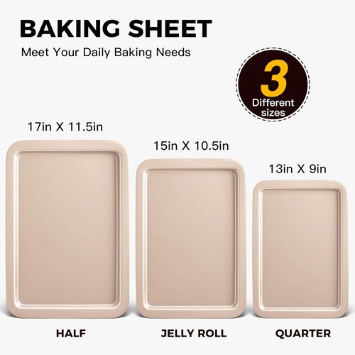HONGBAKE Nonstick Cookie Sheets Set - Premium Baking Trays with Wider Grips | 3 Pack Half/Jelly Roll/Quarter