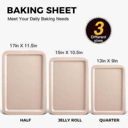 HONGBAKE Nonstick Cookie Sheets Set - Premium Baking Trays with Wider Grips | 3 Pack Half/Jelly Roll/Quarter