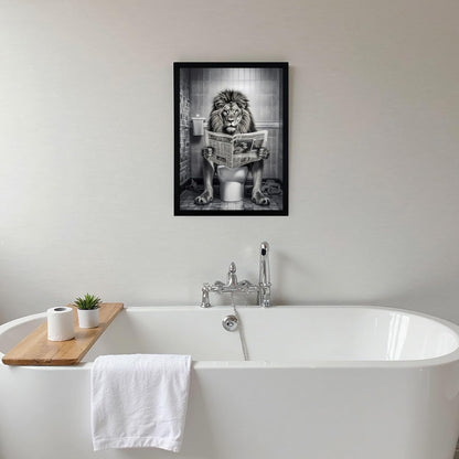 URMOYA Majesty Lion Bathroom Wall Art - Funny Canvas Print of Lion Reading Newspaper | 12x16 Inch Framed Decor