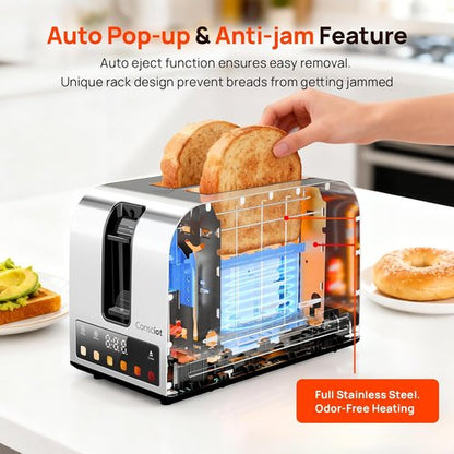 Consciot 2-Slice Smart Touch Screen Toaster - 6 Browning Levels, Extra-Wide Slots, Stainless Steel