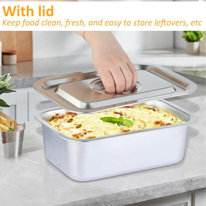 Skiennix 4-Inch Extra Deep Lasagna Baking Pan - Durable 304 Stainless Steel with Lid | 8.7x12.6 Inch Silver