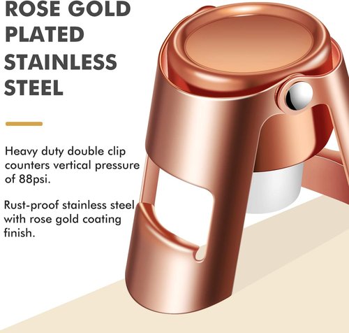 HYZ Champagne Stoppers - Stainless Steel Sparkling Wine Bottle Stopper with Pure Silicone Air Tight Seal - Professional Wine Saver for Champagne，Prosecco and Cava (2Pack Rose Gold)