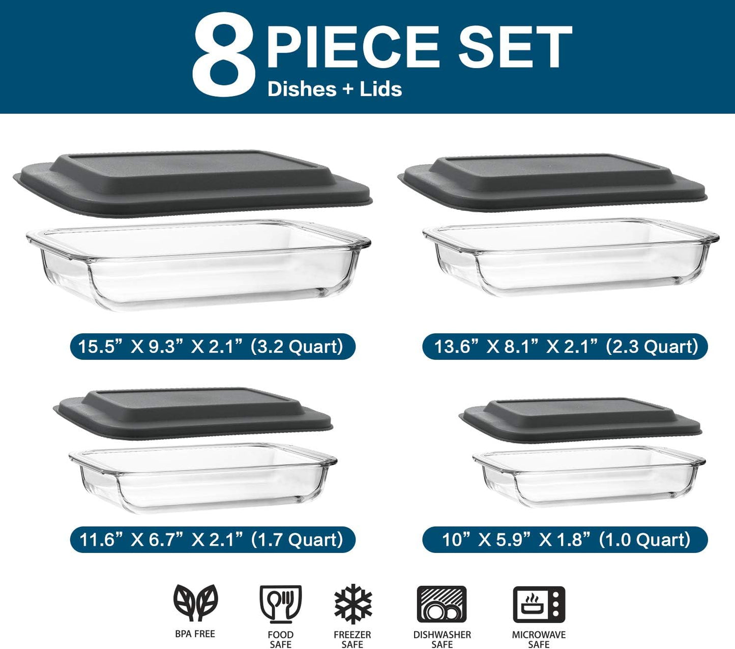 Skiennix 8-Piece Deep Glass Baking Dish Set with Lids & 6 Glass Measuring Cups for Cooking | Kitchen Essentials