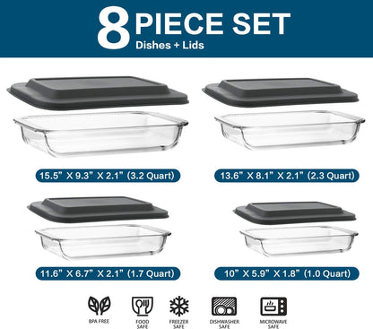 Skiennix 8-Piece Deep Glass Baking Dish Set with Lids & 6 Glass Measuring Cups for Cooking | Kitchen Essentials