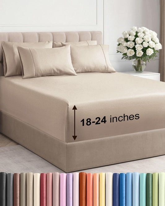 Skiennix Extra Deep Queen Sheet Set | 6-Piece Breathable Cooling Bedding - Soft, Wrinkle-Free, Easy Fit - Wheat Color