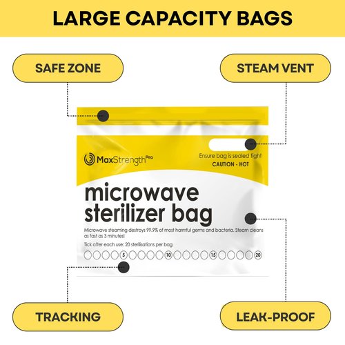 Max Strength Pro Microwave Steam Sterilizer Bags 20pc for Baby Bottles, Soothers, Teethers, Breast Pump Parts, Training Cups, Accessories, Reusable Large Bags, 20 Uses Per Bag, Easy Tracking System