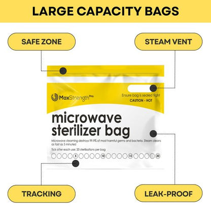 Max Strength Pro Microwave Steam Sterilizer Bags 20pc for Baby Bottles, Soothers, Teethers, Breast Pump Parts, Training Cups, Accessories, Reusable Large Bags, 20 Uses Per Bag, Easy Tracking System