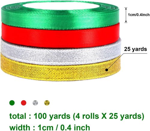 DECYOOL Christmas Ribbons - 4 Rolls of 100 Yards Metallic Glitter Satin | 10mm Wide for Gift Wrapping & Decoration