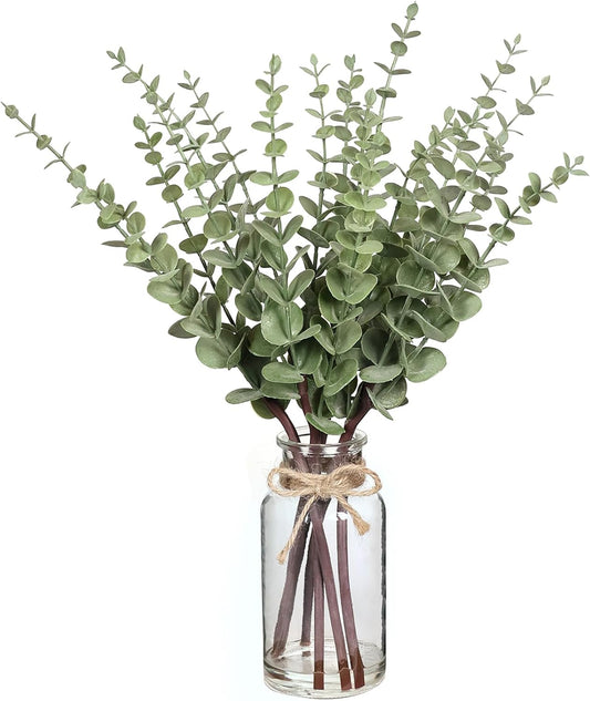 VIERENA Eucalyptus Stems - 17.5" Artificial Plant in Glass Vase with Faux Water | Sage Green Centerpiece Decor