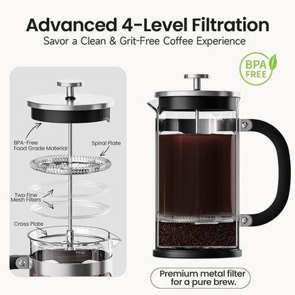 BAYKA French Press Coffee Maker - 34oz Cold Brew Iced Coffee Pot | Heat-Resistant Borosilicate Glass, Silver