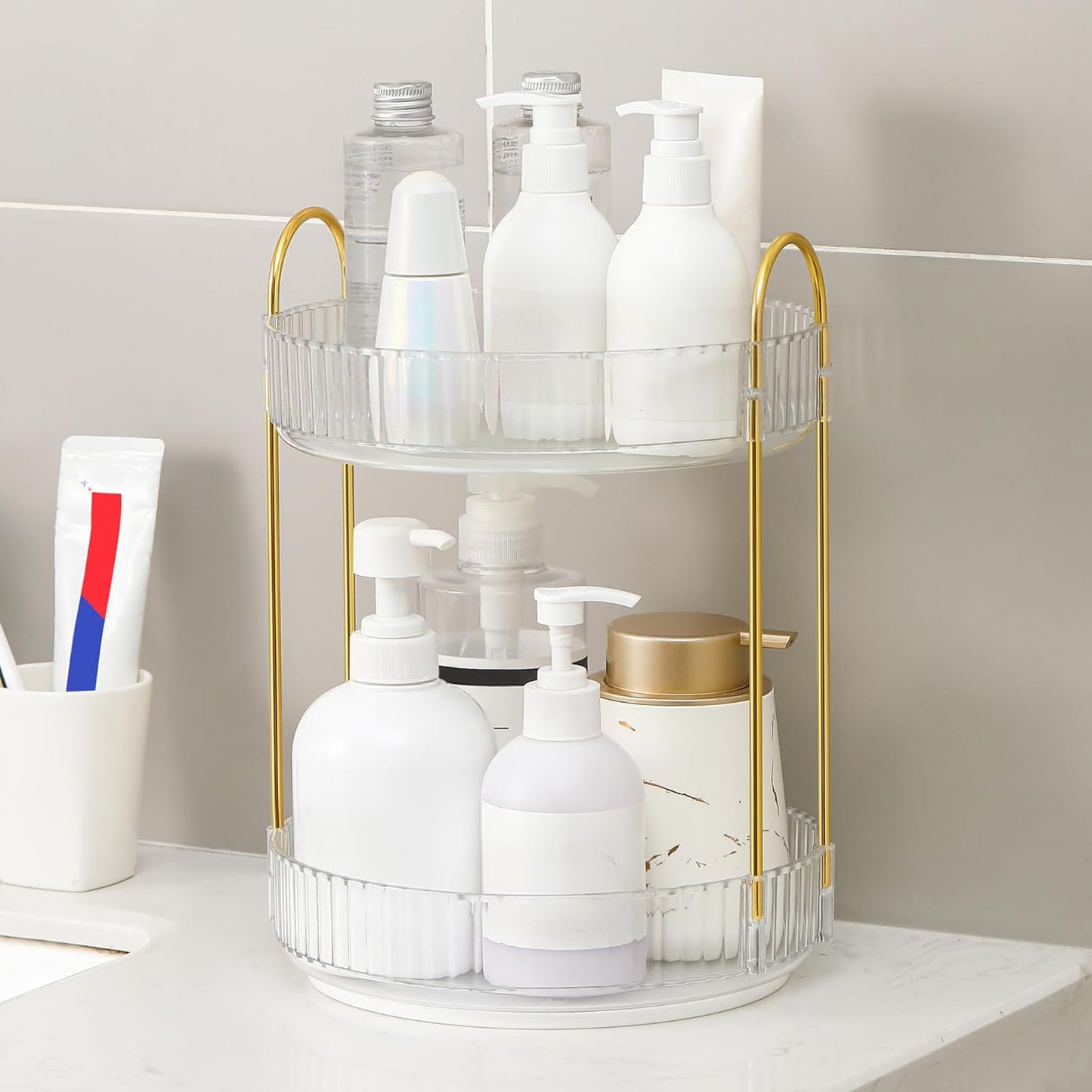 YCIA&DONE 360 Rotating Makeup Organizer - High Capacity Cosmetic & Skincare Storage | Clear White, 2 Tiers