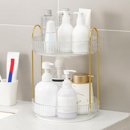 YCIA&DONE 360 Rotating Makeup Organizer - High Capacity Cosmetic & Skincare Storage | Clear White, 2 Tiers