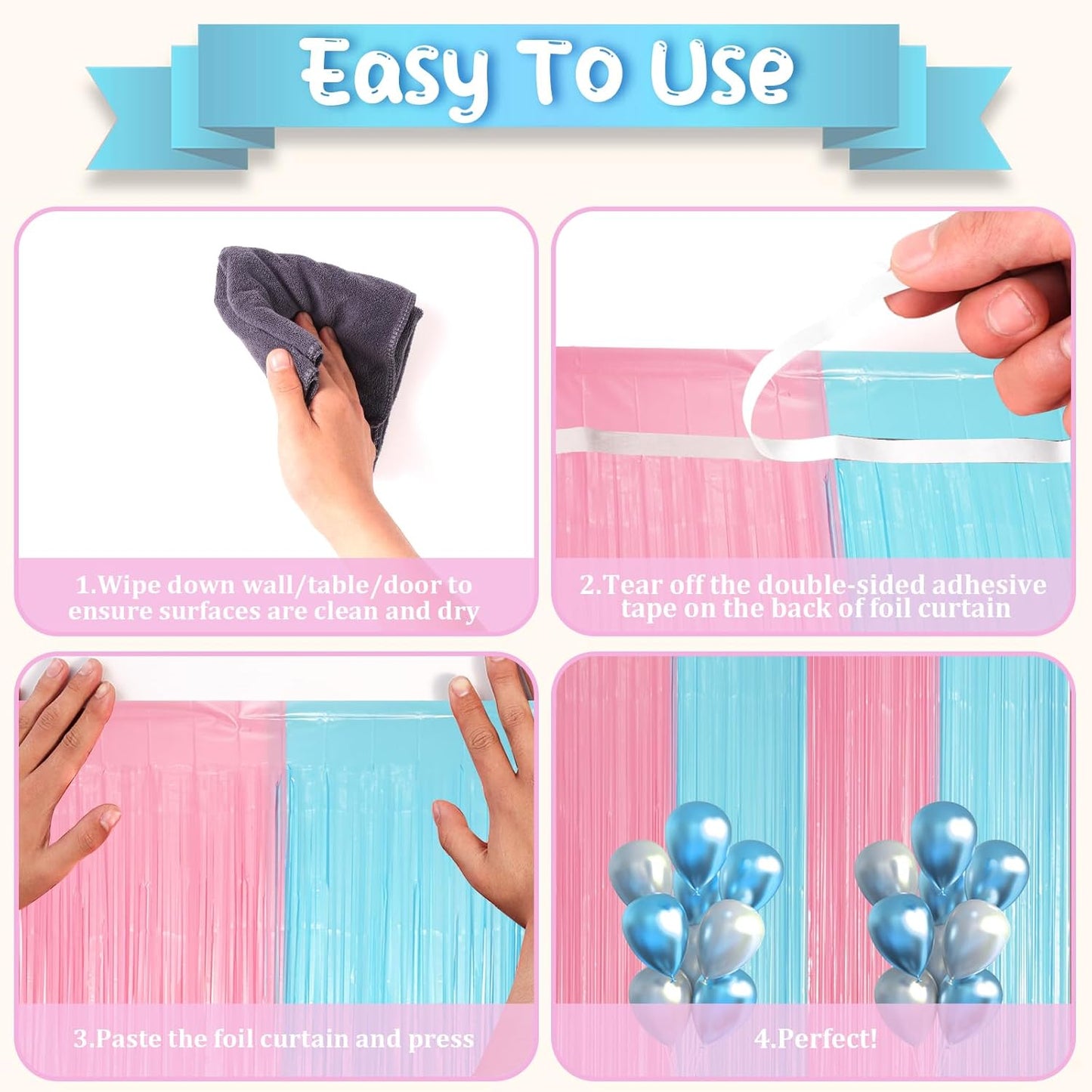 Voircoloria Foil Fringe Backdrop Curtains - 3 Pack of Pastel Blue & Pink Tinsel Streamers | Perfect for Gender Reveal, Baby Showers, and Birthday Parties