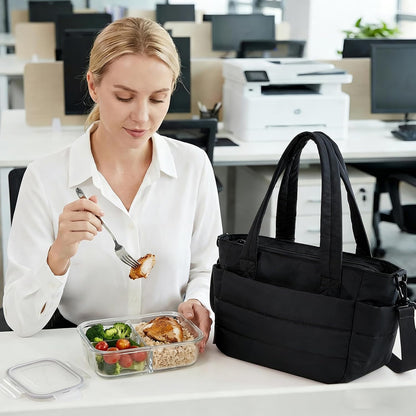 Wdmiya Insulated Lunch Bag - Lightweight Quilted Tote with Lunch Compartment & Cup Holder | Black