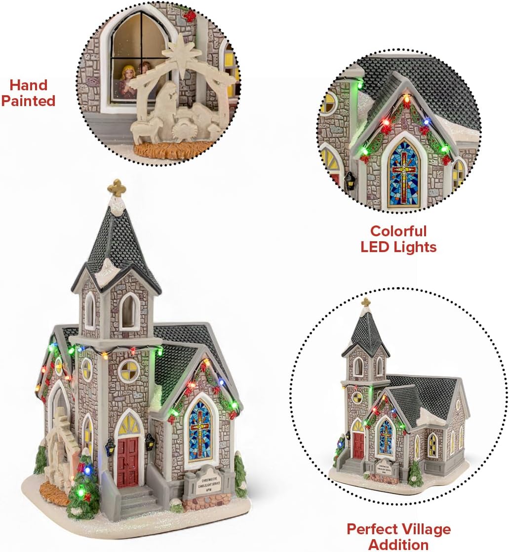 Regine Switzerland Corner Cathedral Porcelain Christmas Village - LED Lights & Festive Charm