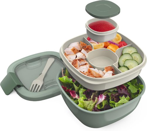 Bentgo Salad Container - 54 oz Leak-Proof Bowl with 4-Compartment Tray & Reusable Fork | BPA-Free Meal Prep (Khaki Green)