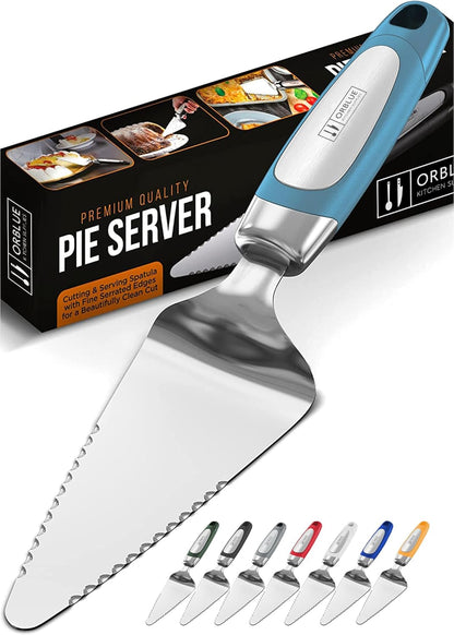 Orblue Pie Server - Serrated Stainless Steel Cake Cutter for Left or Right-Handed Chefs | Blue