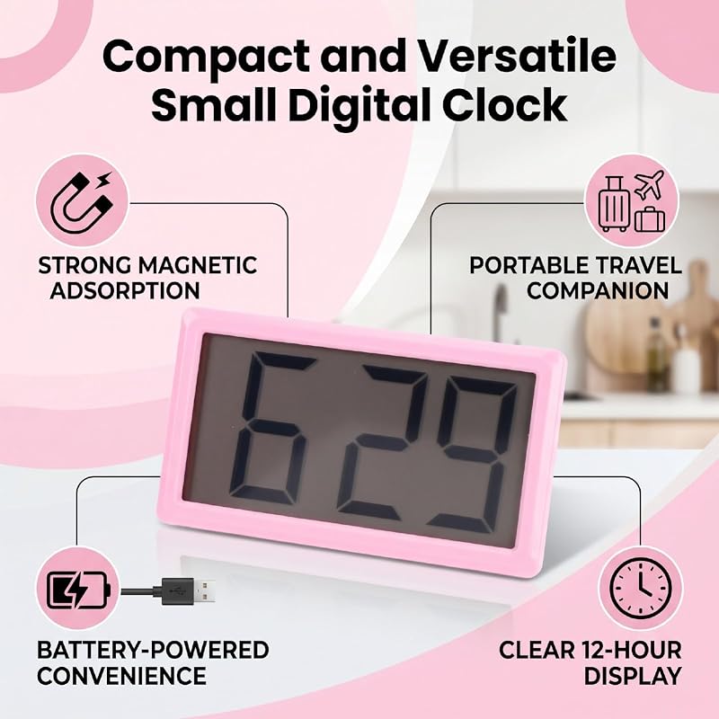 Pink Magnetic Digital Clock with Stand - 12 Hour Display, Desktop & Fridge Mount