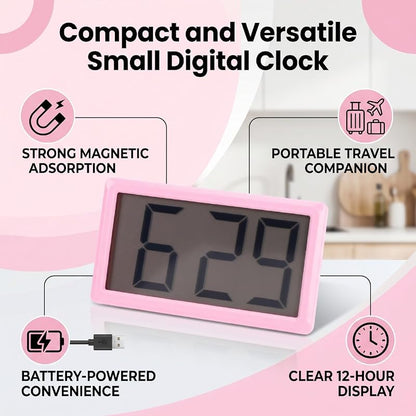 Pink Magnetic Digital Clock with Stand - 12 Hour Display, Desktop & Fridge Mount
