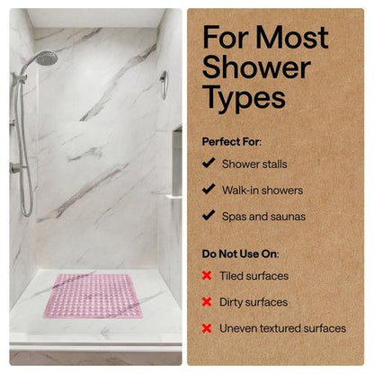 GORILLA GRIP Patented Square Shower Stall Mat, Small Bathtub Floor Mats for Stand Up Showers, Suction Cups and Drainage Holes, Machine Wash, Soft on Feet, Bathroom Accessories 21x21 Inch, Light Pink