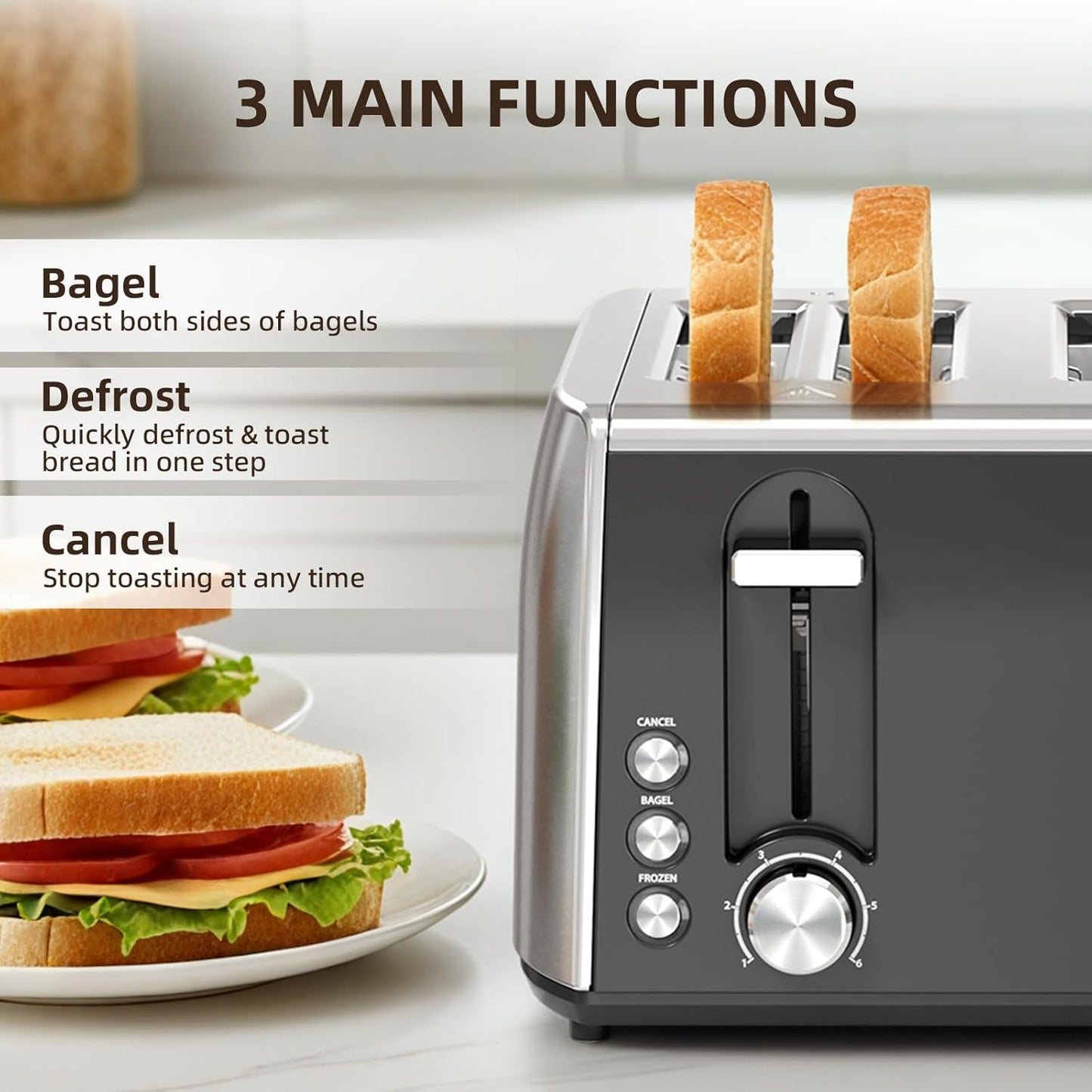 Skiennix 4-Slice Stainless Steel Toaster - 6 Browning Settings, Removable Crumb Tray, Perfect for Bagels & Waffles