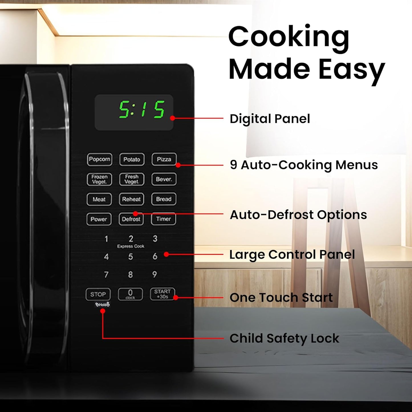 Skiennix 0.7 Cu Ft Microwave Oven - Compact Black Design with Digital Display & 10 Power Levels | Ideal for Dorms & Offices