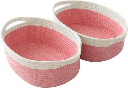 JMvicyroam Woven Basket - Small Rope Storage Bin with Handles | Stylish Organizer for Shelves & Closets - White & Pink (2 Pack)