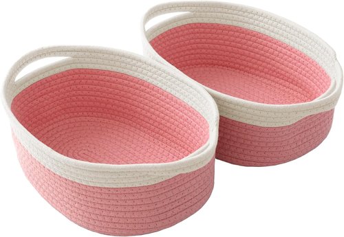 JMvicyroam Woven Basket - Small Rope Storage Bin with Handles | Stylish Organizer for Shelves & Closets - White & Pink (2 Pack)
