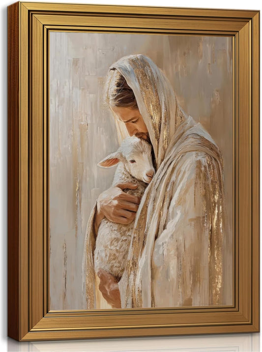 Regine Switzerland Vintage Jesus And Lamb Canvas Wall Art - Modern Christian Decor For Home & Prayer Room
