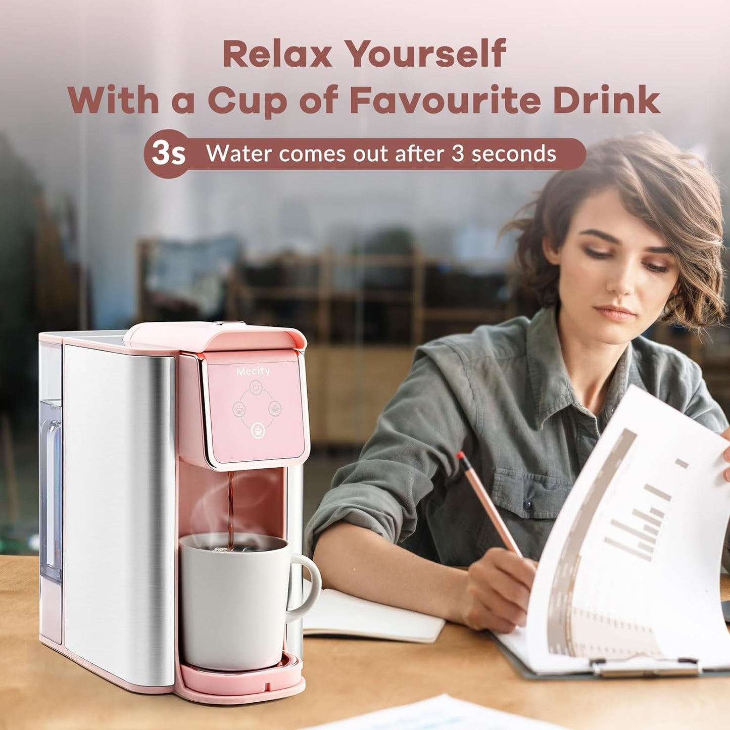 Mecity Coffee Maker - 3-in-1 Single Serve Machine for Ground & Capsule Coffee | 50 Oz Reservoir, Pink
