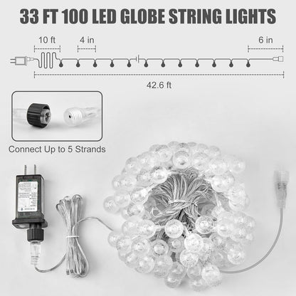 Minetom Crystal Globe String Lights - 33 ft 100 LED Waterproof Fairy Lights with Remote & Timer | Perfect for Bedroom, Patio & Holiday Decor