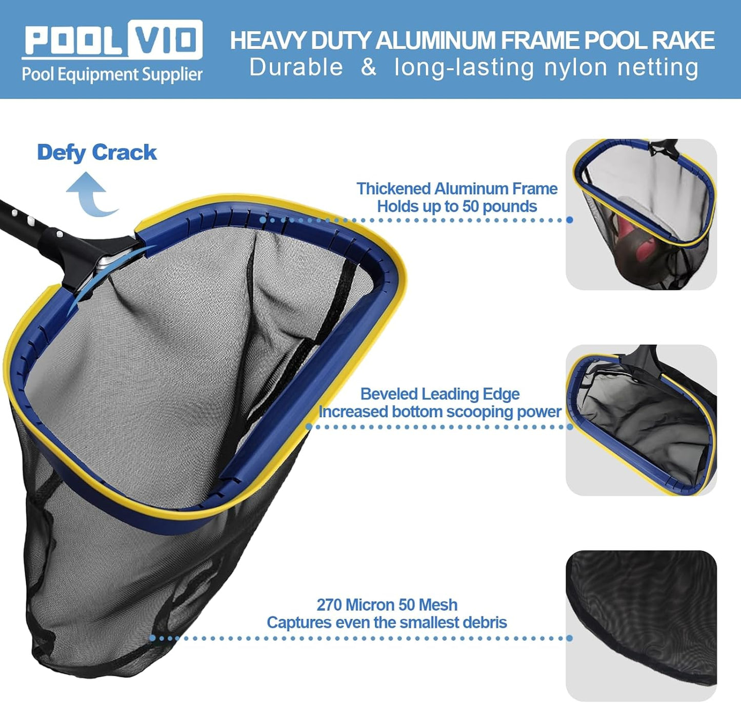Poolvio 5-in-1 Pool Cleaning Kit - Semi-Deep Skimmer, Aluminum Leaf Rake & 20' Brush with 13ft Pole