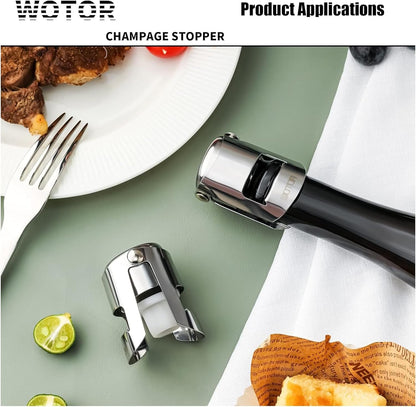 WOTOR Stainless Steel Champagne Stoppers - Champagne Bottle Stoppers with Silicone Seal, Reusable Cork & Saver, Suitable for Prosecco & Sparkling Wine, Silver, 3 Pack