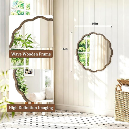 Circle Wall Mirror with Wavy Tan Wood Frame 16" – JJUUYOU Viantge