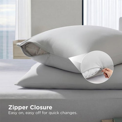 Bedsure Cooling Pillow Cases for Hot Sleepers, Cool Pillowcases for Night Sweats, Zipper Pillow Cases Queen Set of 2, Silky Soft & Breathable Cold Pillow Covers for Hair & Skin, Grey, 20x30 Inches