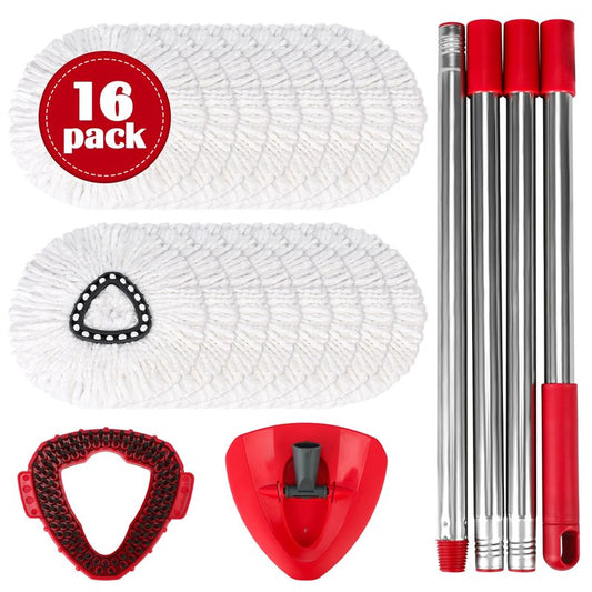 Spin Mop Replacement Set for O-Ceda EasyWring 1-Tank System, 16 Microfiber Spin Mops Refills,1 Scrubber Head,1 Triangle Spin Base,and(31-63in) Adjustable Handle Set Combo