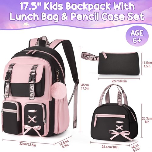 Fimibuke Girls' Backpack Set - 3 PCS Waterproof Design with Lunch Box & Pencil Case | Perfect for School