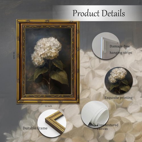 Framed White Hydrangea Oil Wall Art - Vintage Floral Canvas Print for Living Room & Office | 12x16in