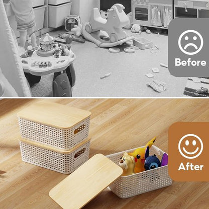 8 Pack Plastic Storage Bins with Bamboo Lids - Stackable Organizer Baskets for Pantry, Office & Nursery