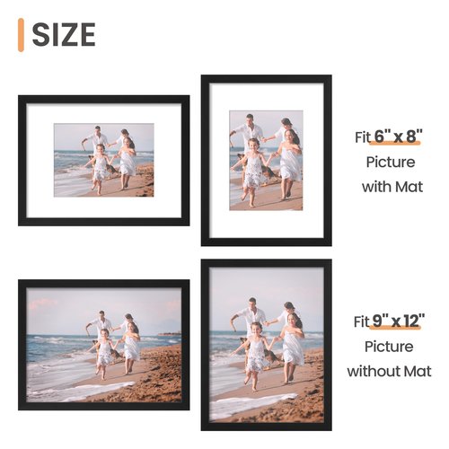 upsimples 9x12 Picture Frame Set of 5, Display Pictures 6x8 with Mat or 9 x 12 Without, Wall Gallery Photo Frames, Black