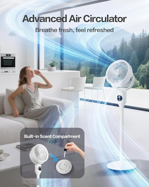 Candy Standing Fan - Adjustable Pedestal Fan with Remote | 90° Oscillation, 8 Speeds, 25dB Quiet, 12H Timer